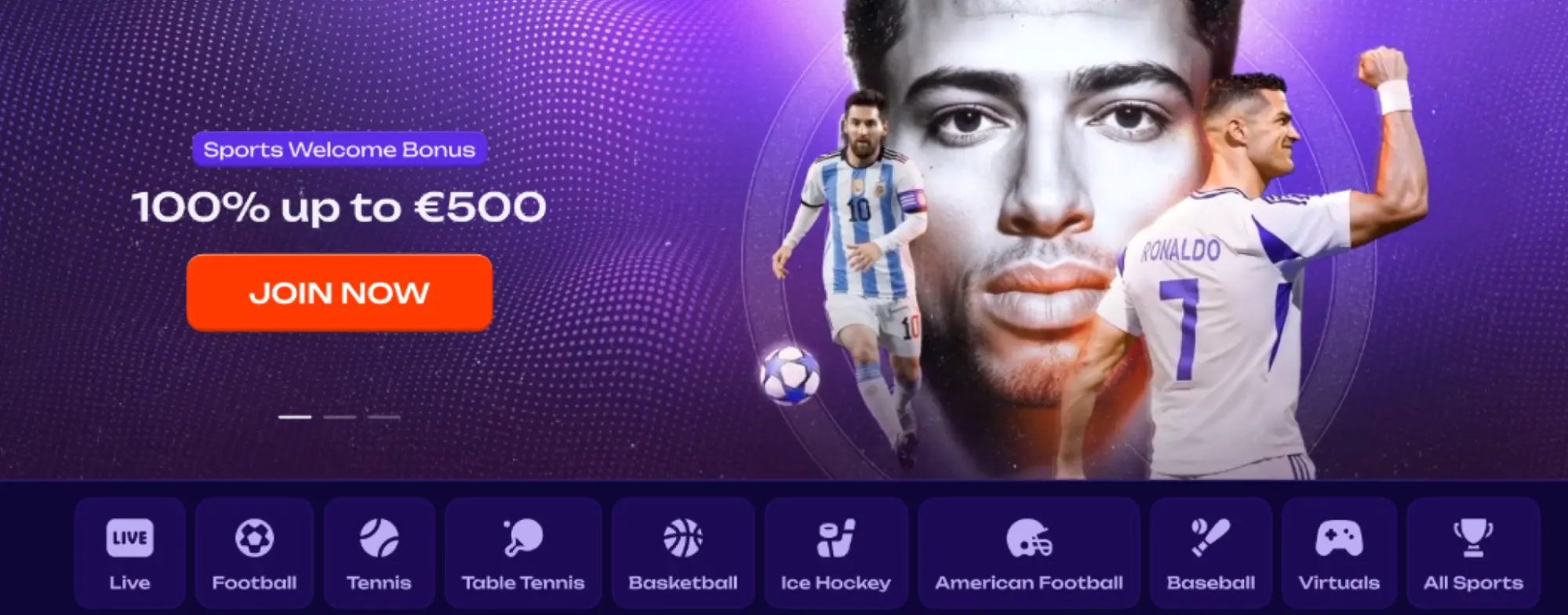 sport willkommensbonus banner mit fußballspielern und 100 prozent bonus bis 500 euro