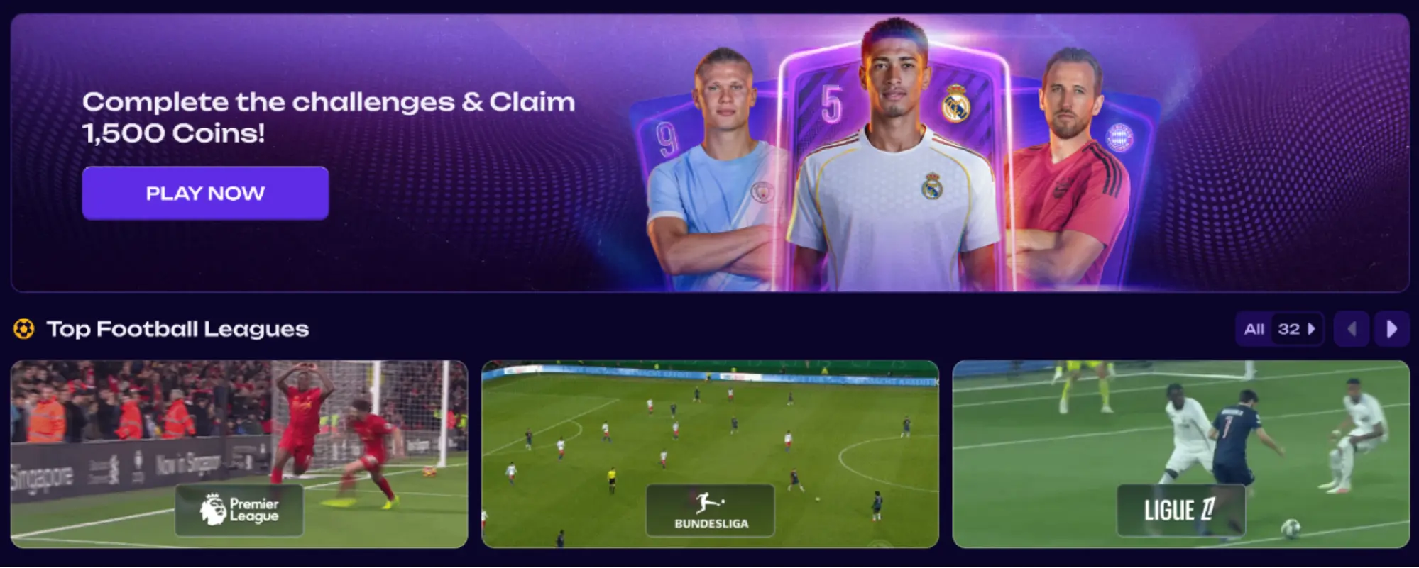 fußball challenges banner mit 1500 coins bonus und top ligen